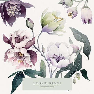 watercolor floral CLIPART, PURPLE HELLEBORES AND WHITE SPRING BLOSSOMS PREMADE BORDER, pastel pale COLORS, clipart, no background, blank space for writing, CLEAN OUTLINE, delicate and elegant, dreamy airy color, classic style, airy watery colors, with elements of GREEN LEAVES, hd, best quality, 8k, ar:3:1