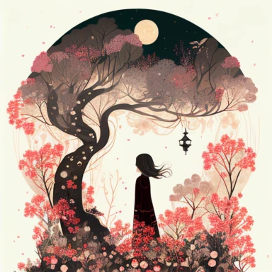 in the style of Ryo Takemasa, xuan loc xuan, Lisa Audit, Anastasia Suvorova, Jon Klassen, greg tocchini, single lady under sakura tree at night, fantasy, limpid, magical, mysterious, white background, vector, clipart, elaborate, ultra-detailed, best quality illustration, vibrant colors, high definition, UHD