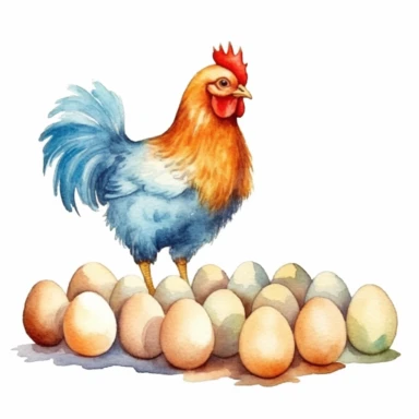 a pretty retro boho cute chicken laying eggs, eggs lined up behind the chicken as he's walking, chicken looking at the eggs, on white background, watercolor, clipart