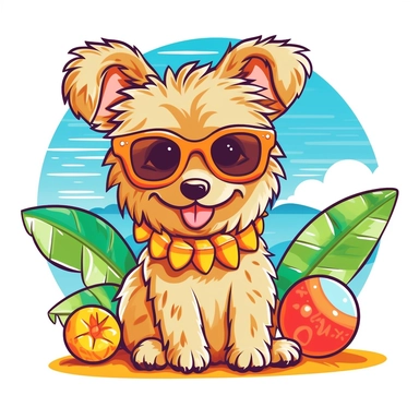 Design a fun and cool clipart featuring a dog enjoying the summer season. Create a playful character that embodies the carefree spirit of summer. Use vibrant colors and incorporate summer elements like sunglasses or a beach ball. With a white background, the clipart will easily integrate into various designs and projects. Perfect for digital designs, merchandise, and print materials, this clipart captures the joyful essence of summertime.