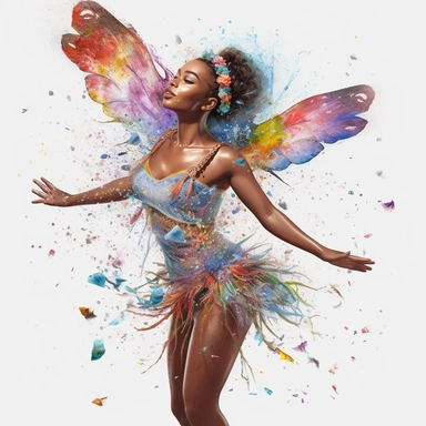 african american fairy, large sparkling wings, spring elements, sparkling magic dust sprinkling down, fantasy, magic, Fantasy Clipart, PNG Clipart, Illustration clipart, white background, vivid colour, 4K, extremely detailed