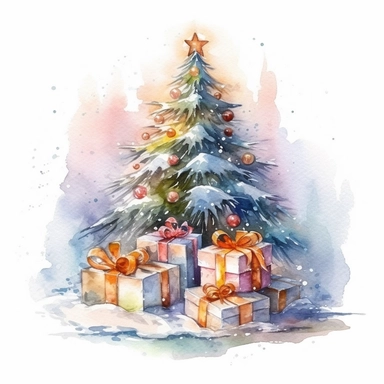 detailed watercolor clipart, photography style, beautiful decorative christmas tree, With presents, in a meadow, HDR, winter snow,self shadow, white background