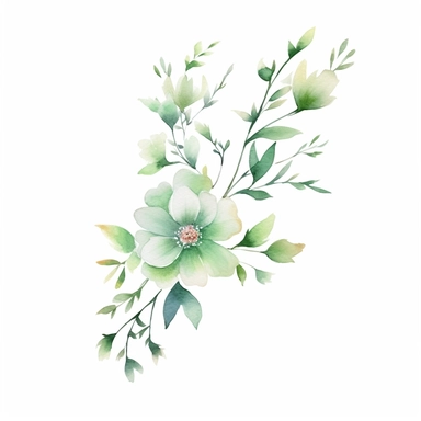 watercolor pastel green floral line for decoration, png, clipart, hd, contour white outline, isolated on white background