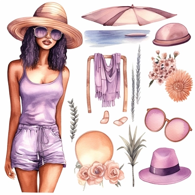 mauve, watercolor, summer vacation, black women, boho, clipart set