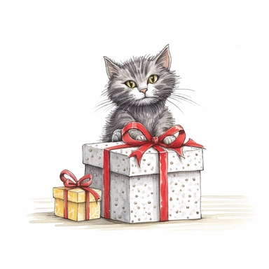 Axel scheffler illustration style cat christmas present, high definition, 16k, insanely detailed, fine detail, sharp focus, illustration, white background, isolated clipart vector