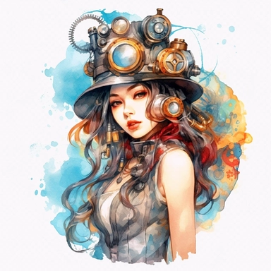 watercolour beautiful asian woman Steampunk illustration, white background, watercolor white background, clipart style, transparent background, white background, seperated, vector design