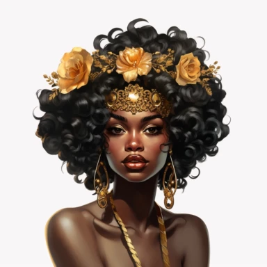 black dark-skin women with big curly flower hair wearing a golden crown staring straight forward with big shiny lips, clip art