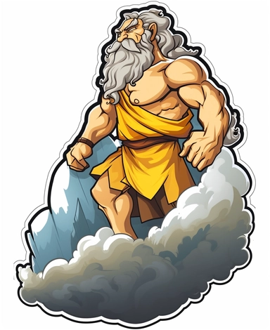 Sticker Clip Art of Zeus standing on Mount Olympus, children friendly, King of the Gods, clouds and lightning behind him, King of Mount Olymp, illustrated in a playful style with a friendly expression, perfect for any special occasion, cut out in the shape of Zeus on a Mountain, Muscular, with no visible background, giving it the appearance of a sticker, conveying a mystical and whimsical mood, edited with Adobe Photoshop to adjust brightness and contrast, rendered as a transparent PNG file with