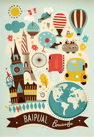 Cute Travel Around Europe pattern, Clipart,by Dr. Seuss ，Blush and bashful background, illustration art