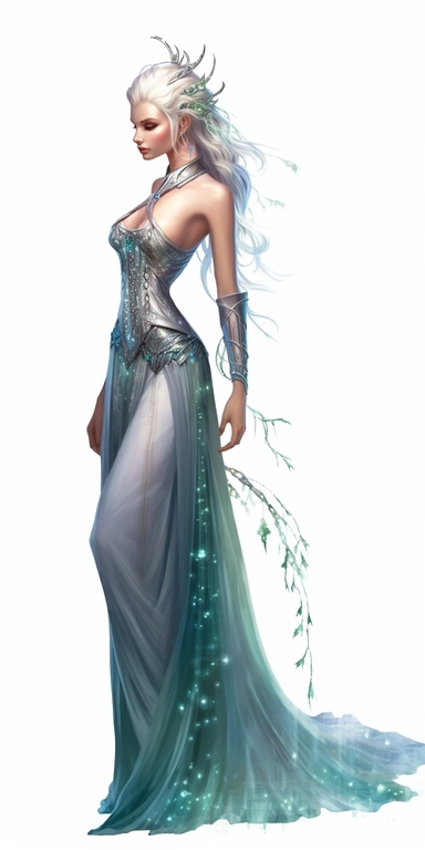 full body beautiful elf woman with long pointy elf ears looking left, elven hairstyle, elven crown, fae clothing,full length gown that sparkles, beautiful smile, realistic inverted portrait white background, high quality, hyper-realistic, Fae Clipart,bokeh,sparkles,fantasy art,ethereal,fantasy,magic