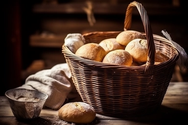wicker basket with freshly baked bread rolls, some flour scattered nearby, background: rustic kitchen, photo clipart, super detail, vignetting, shot with Nikon D3000,
