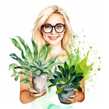 A HAPPY Young Woman WITH GLASSES AND blond hair Holding PLANTS Clipart in the style of watercolor, clean lines on a white background