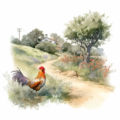 Visualize a clipart-style watercolor illustration of a chicken strutting along a trail with a ranch in the distance, surrounded by wildflowers on a summer day, set against a clean white background. The chicken is roosting on a branch of a tree that leans into the painting. The leaning tree and the line of the branch should create depth and leading lines, focusing on the bird against the clean white backdrop. The composition should place the chicken centrally, emphasizing its intricate details an