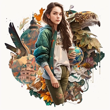 Creative graphic design, beautiful thin russian girl with brown wavy hair, green eyes, insta girl, wearing hip-hop clothes, nike shoes, asian and western culture mix, dragons, lanterns, ice cream, Ipad, collage, clipart, graphic, illustrations, 16K