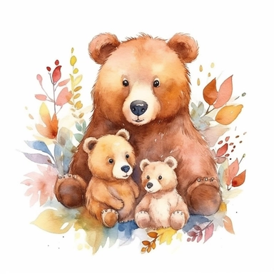 clip art watercolor,dady and kids bear, flower and leaf background, colorful watercolor, white background, adult watercolor design, full HD design, smooth design, 8k