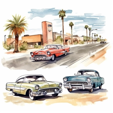 watercolor historic California Route 66 highway, illustration, clipart set, simple, , cartoon elements ,different variants , separate elements with a margin