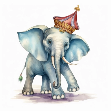 hand drawn Disney’s dumbo the elephant, oversized ears that touch the floor, 1920’s circus, glamorous, very detailed and realistic, watercolor, clipart style, white background with margins