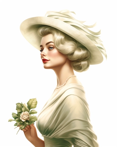 detailed beautiful lady facing side with vintage hat with sage roses dressed in a vintage dress, hyper realistic, 8k, isolated on white backgorund, clipart