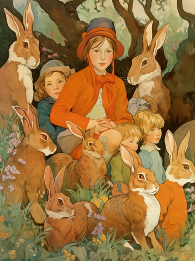 a clipart picture of a rabbit with many kids, in the style of dorothy johnstone, nostalgic paintings, colorful animation stills, angela barrett, karen wallis, orange and brown, pseudo-historical fiction