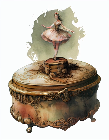 detailed watercolor victorian vintage music box with ballerina on top, realistic, isolated on white backgorund, clipart