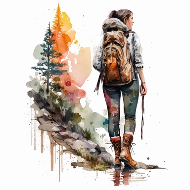 water color girl hiking in Austria between high mountains, she is wearing boots and backpack, realistic look, with trees at yellowstone park, clipart, hd, white background