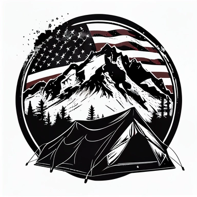 An iconic symbol of patriotism, this artwork depicts the American flag with mountains and a camping tent in a round graphic style. The mood is patriotic and grungy, with a sense of pride and appreciation for the United States. T-shirt design graphic, black silhouette, coloring page for adults, flat vector logo, line art, clipart, white background