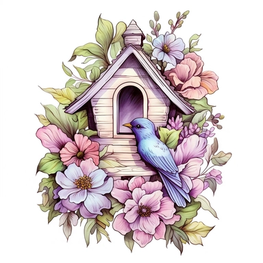 watercolor, hyper realistic, white background, white margins, 16k, ultra detailed clipart, cut out image, hand-drawn a floral birdhouse, inspired by the beauty of nature. The birdhouse should be the focal point of the design, adorned with intricate floral details and elements. Color Scheme: pastel shades such as light pink, lavender, mint green, and baby blue.