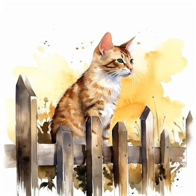 watercolor curious cat perched on a wooden fence, its eyes filled with a mix of curiosity and confidence, warm sunlight bathes the farm in a soft glow, casting gentle shadows that playfully dance around the cat's silhouette, bright sunshine, hyper realistic, isolated white background, white background clipart, 8k, ultra detailed clipart, warm colors