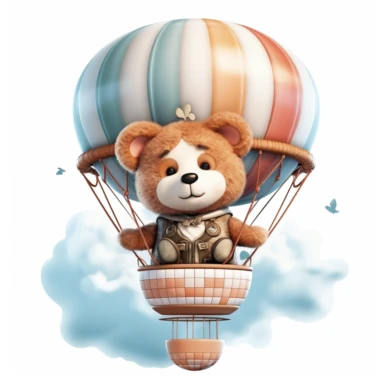 cute cartoon Teddy Bear sitting on top of a hot air balloon in the clouds, clipart, white background
