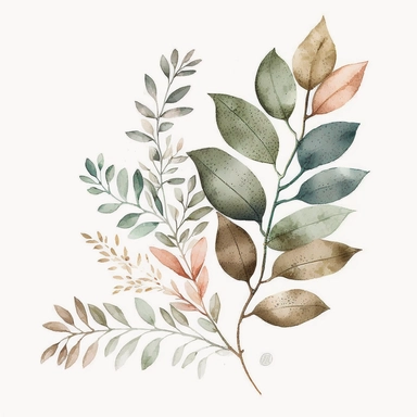Elegant Watercolor leaves, in minimalist style, soft and delicate colors, perfect for a wedding invitation clipart, high-quality,centered in the middle of the image, solid white background, isolated onwhite background, intricate details