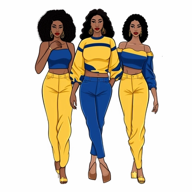 3 full body melanin sorority girls wearing royal blue and mustard yellow with white background vector clipart, character drawn with thick black lines like for a coloring book