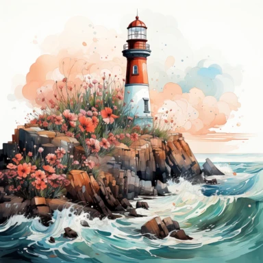 Cute Beautiful Pastel Floral Lighthouse Clipart, Watercolor, hyper realistic, intricate detail, illustration style, high resolution, on the white background