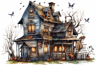 haunted house, halloween, folk art, watercolor, clipart elements, smooth gradients, black contour outline, ultra detailed, white background, super clear, high quality