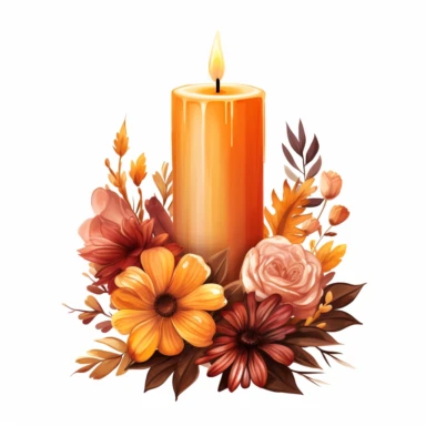 watercolor Vintage candle surrounded by flowers, orange yellow and brown hues, autumn vibes, clipart on a white background