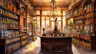 illustration, realistic interior of a vintage 1896 perfumery and pharmacy with some perfume bottle boxes incense boxes, atmospheric sunset lighting, Clipart, watercolor, realistic, full building, highly detailed, hdr, 32K, photo expert quality, watercolor realistic, hyperrealistic and highly detailed