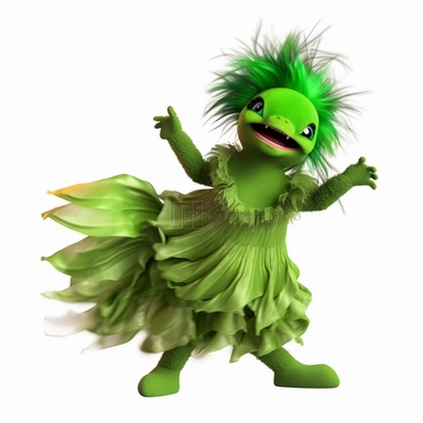 green baby girl Godzilla, looks like an alien, doing high step dance moves, wearing a designer dress made from Phoenix feathers , ultra high fashion, wearing ruby neck scarf, techno lighting, disney cuteness, plain white background, cutout clipart