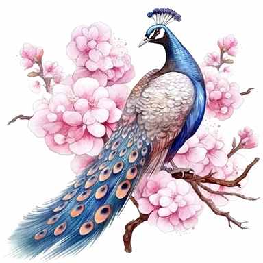 Peacock sits on a sakura branch on a white background, illustration in watercolor style, drawing done in professional glazing technique, expressive details, realistic drawing technique, saturated colors, harmony with nature, pronounced contours, clipart, a masterpiece, white background
