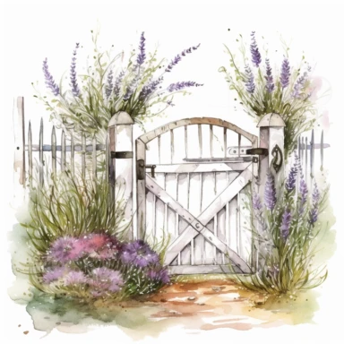 hand drawn opened white country garden gate with rosemary beside it, inside is an herb garden with lavender up front, glamorous, very detailed and realistic , watercolor, white background with margins, clipart style