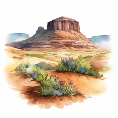 Hyperrealistic watercolor mesa and butte clipart in desert with some small shrubs in sight
