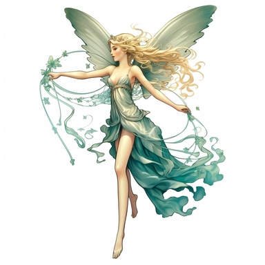 Create a cartoon-style clipart of a gossamer sylph gracefully suspended in mid-air, as if she were being kissed by the sky itself. Her delicate, gauzy wings should be visible, along with her flowing hair and ethereal gown. Use a high-contrast background to make the figure pop, such as pure white or deep black. The overall effect should be whimsical and airy, as if the viewer is catching a glimpse of a mystical creature from a storybook.