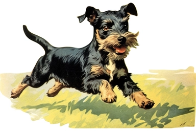 Vintage 1920 Terrier Dog in a running pose Clipart Illustration, Chromolithograph, 1920s Illustration, Vintage, Chromolithograph, Colorful, Antique, Ephemera, Clipart, 8k, Isolated on white