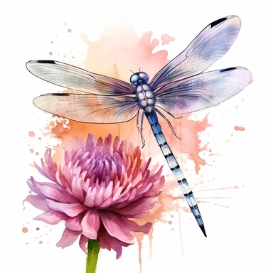 a watercolor clipart of a dragonfly on a flowe