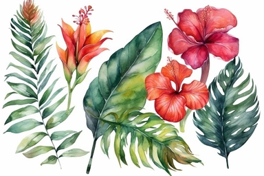 Set tropical bouquets of hibiscus rose, frangipani and greenery of monstera palm leaf and palm fronds, exotic clipart hand drawn watercolor painting of natural leaves and flowers isolated on white.