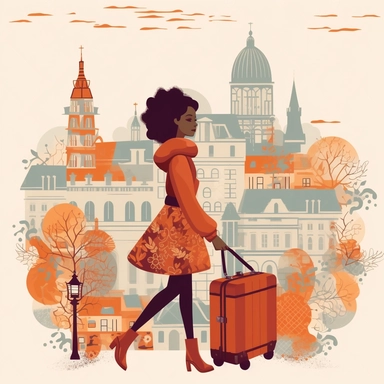 clipart of african american woman traveling through europe. white background