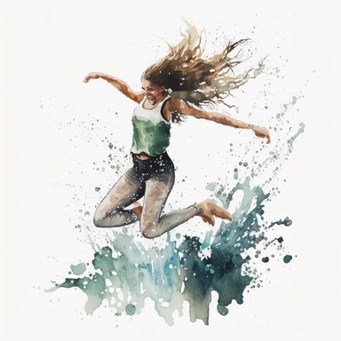 girl jumping in water, watercolor clipart, white background