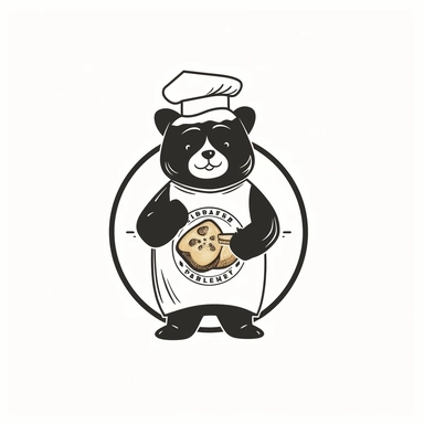 clean, simple, minimal black and white logo design, cartoon Fromosan black bear baker holding bread clipart vector download, in the style of remedios varo, spirals, free-associative, toby fox, armand guillaumin, white background