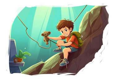 this kid is climbing a mountain. He wears a white helmet and he is using a rope. clipart image