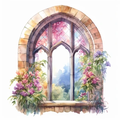 a watercolor realistic arch window opened and you can see colorful flowers outside clipart