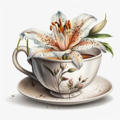 Watercolor realistic detailed white tiger lily flower in a tea cup clipart, white background, no text