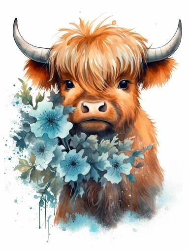 realistic watercolor cute baby highland cow and blue flowers floral bouquet, full body, white background, children book illustration, 8k, ultra detailed clipart, warm colors